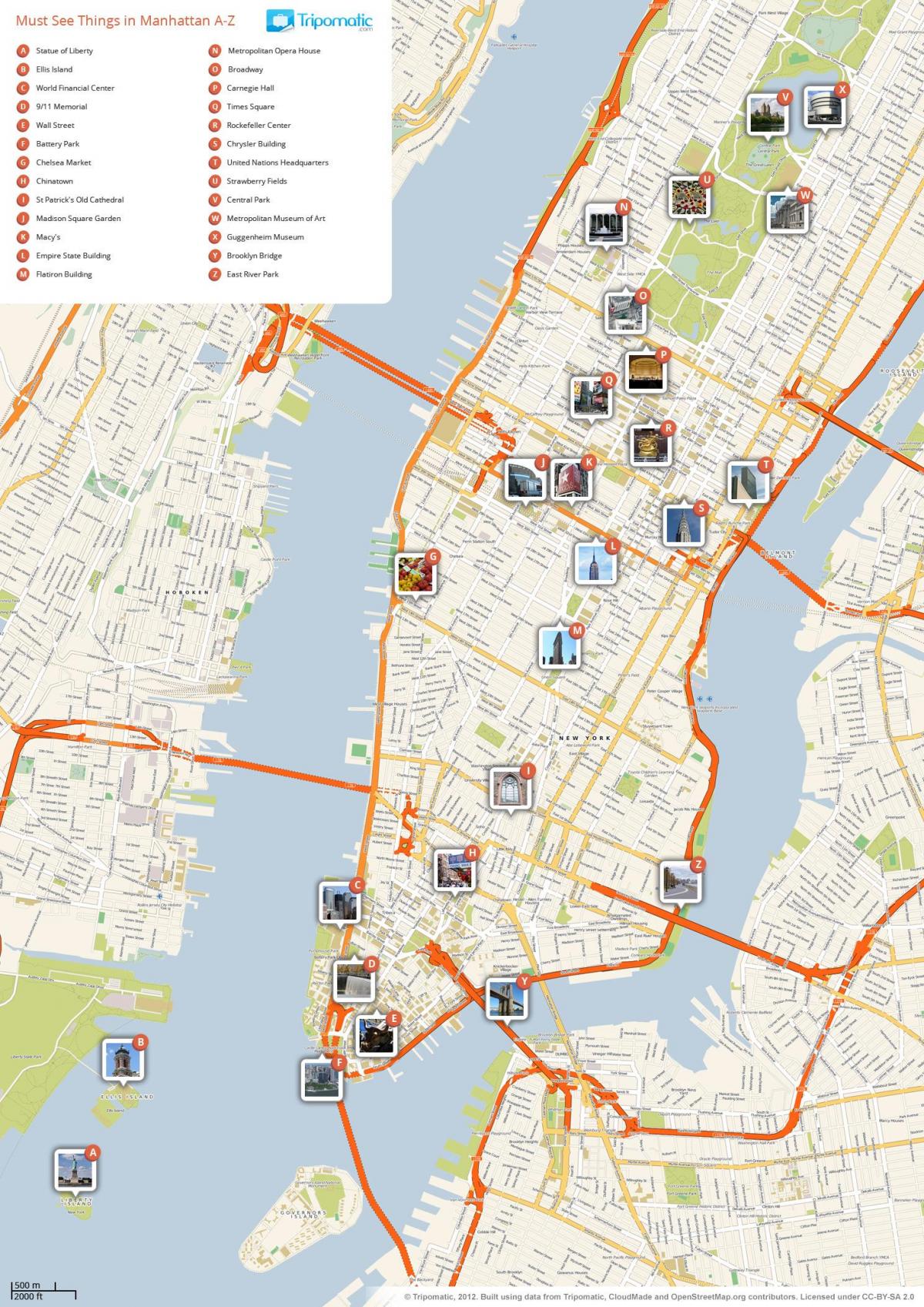 지도 맨해튼의 관광 명소를 보여주는